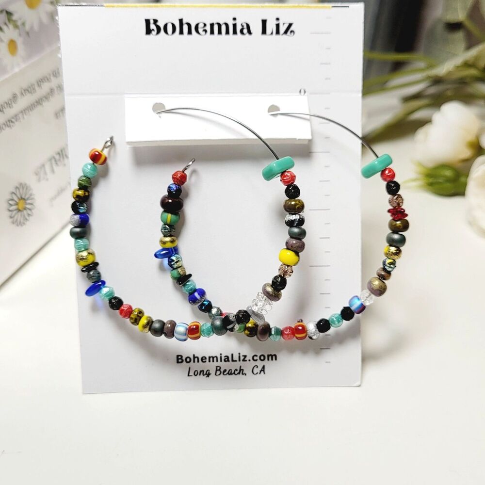 artisan earrings 656#mfs Tribal bohocore big hoop earrings seed beads multicolor